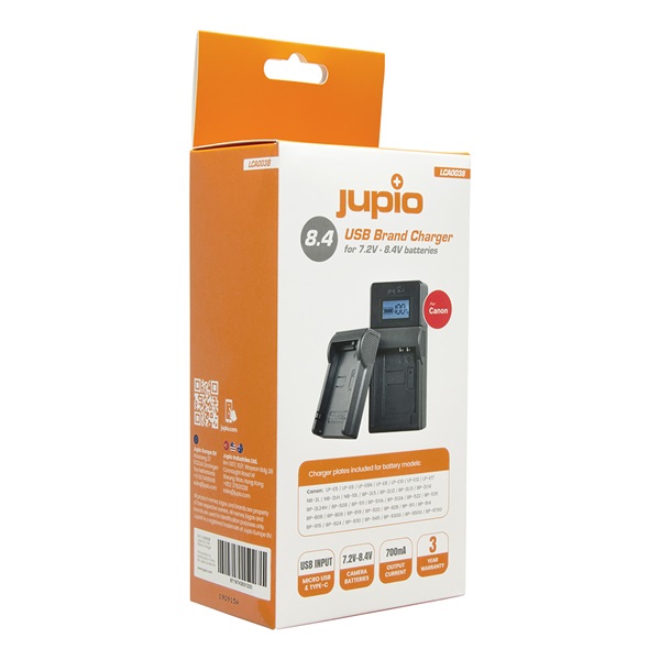 Jupio LCA0038 Caricabatterie USB per Fotocamera Canon 7.2V-8.4V Nero