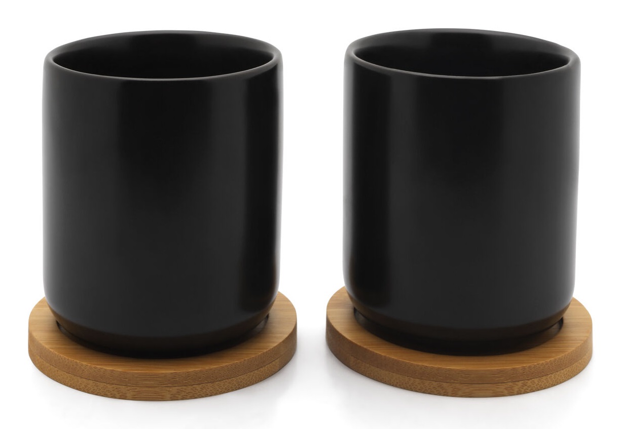 Bredemeijer Set di Tazze da Tè in Ceramica Nera con Sottovaso in Legno - 2 Pezzi