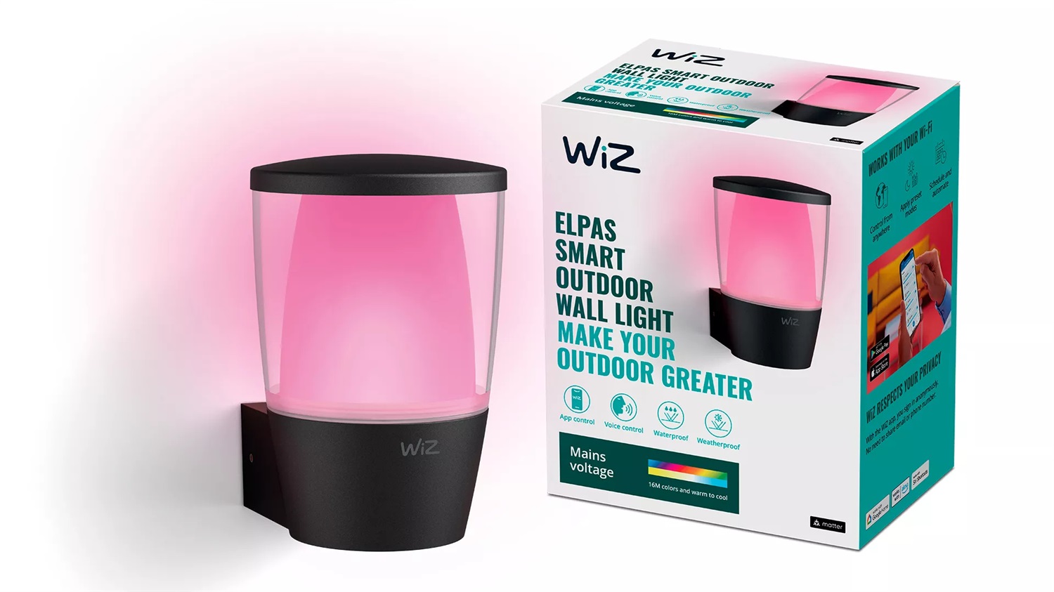 WiZ Elpas Lampada a Parete Smart LED Dimmerabile per Esterni, 8.5W, Controllo Vocale, Temperatura Colore Regolabile