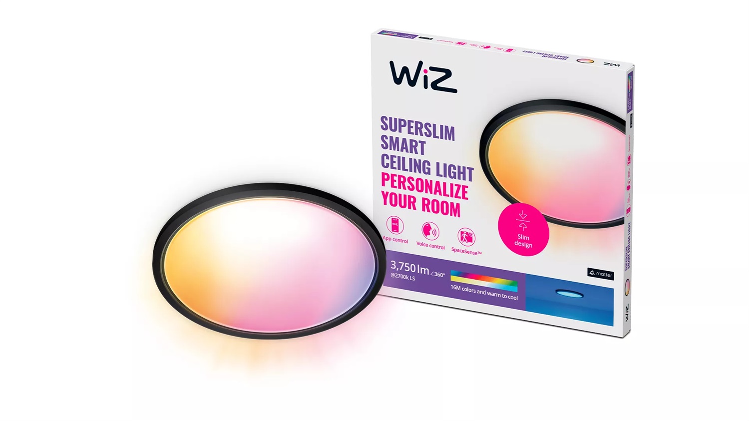 WiZ Plafoniera SuperSlim Smart WiFi 550mm, 22W, Luce Bianca e Colorata, Controllo Vocale e Dimmerabile, Nero