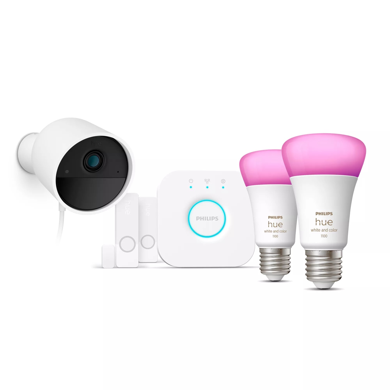 Philips Secure Starter Kit con Telecamera Cablata, 2 Sensori di Contatto, 2 Lampadine E26 White and Color Ambiance, Bridge Centro di Controllo, Conversazione Bidirezionale, Bianco