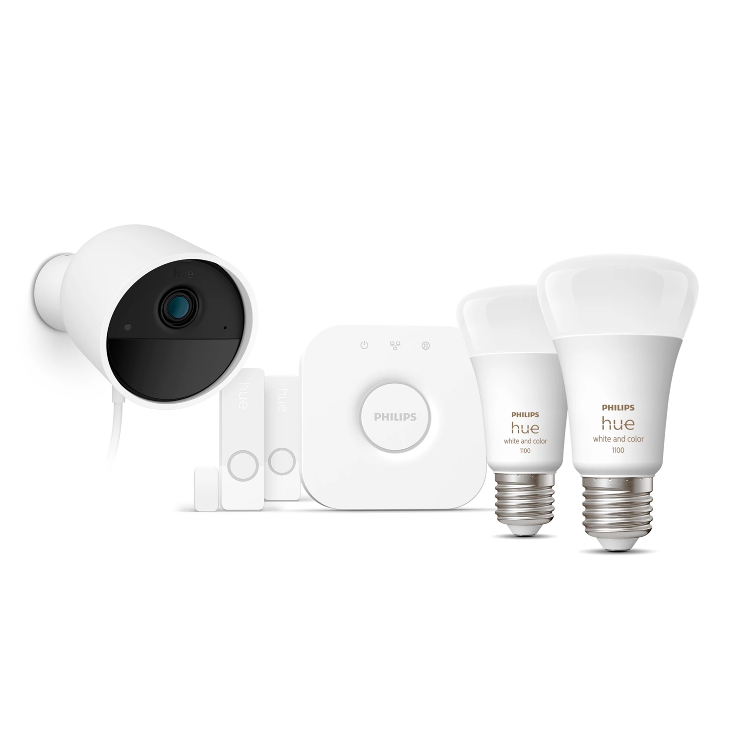 Philips Secure Starter Kit con Telecamera Cablata, 2 Sensori di Contatto, 2 Lampadine E26 White and Color Ambiance, Bridge Centro di Controllo, Conversazione Bidirezionale, Bianco
