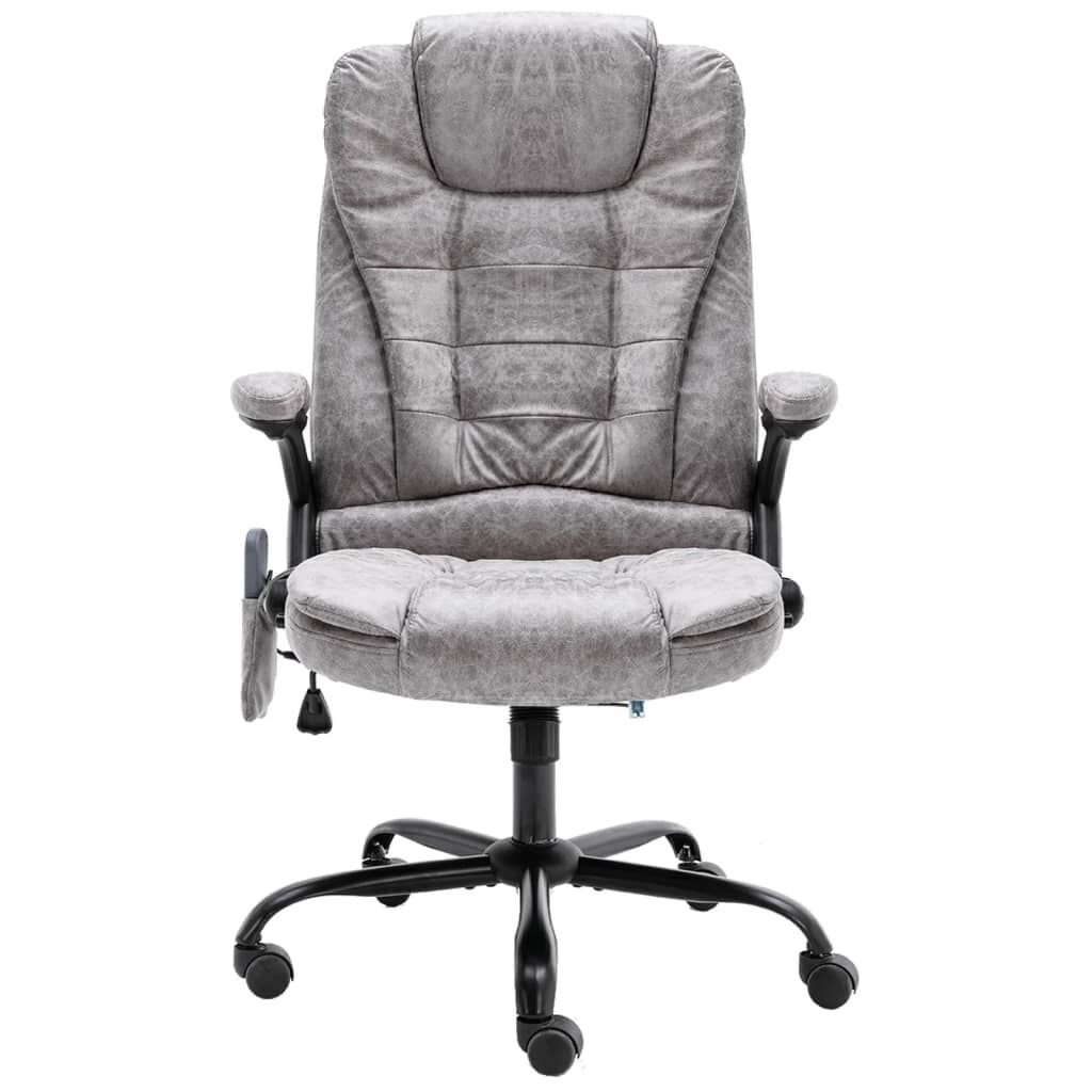 vidaXL Sedia da Ufficio Massaggiante Ergonomica in Vera Pelle Grigio Chiaro con Schienale Alto e Braccioli