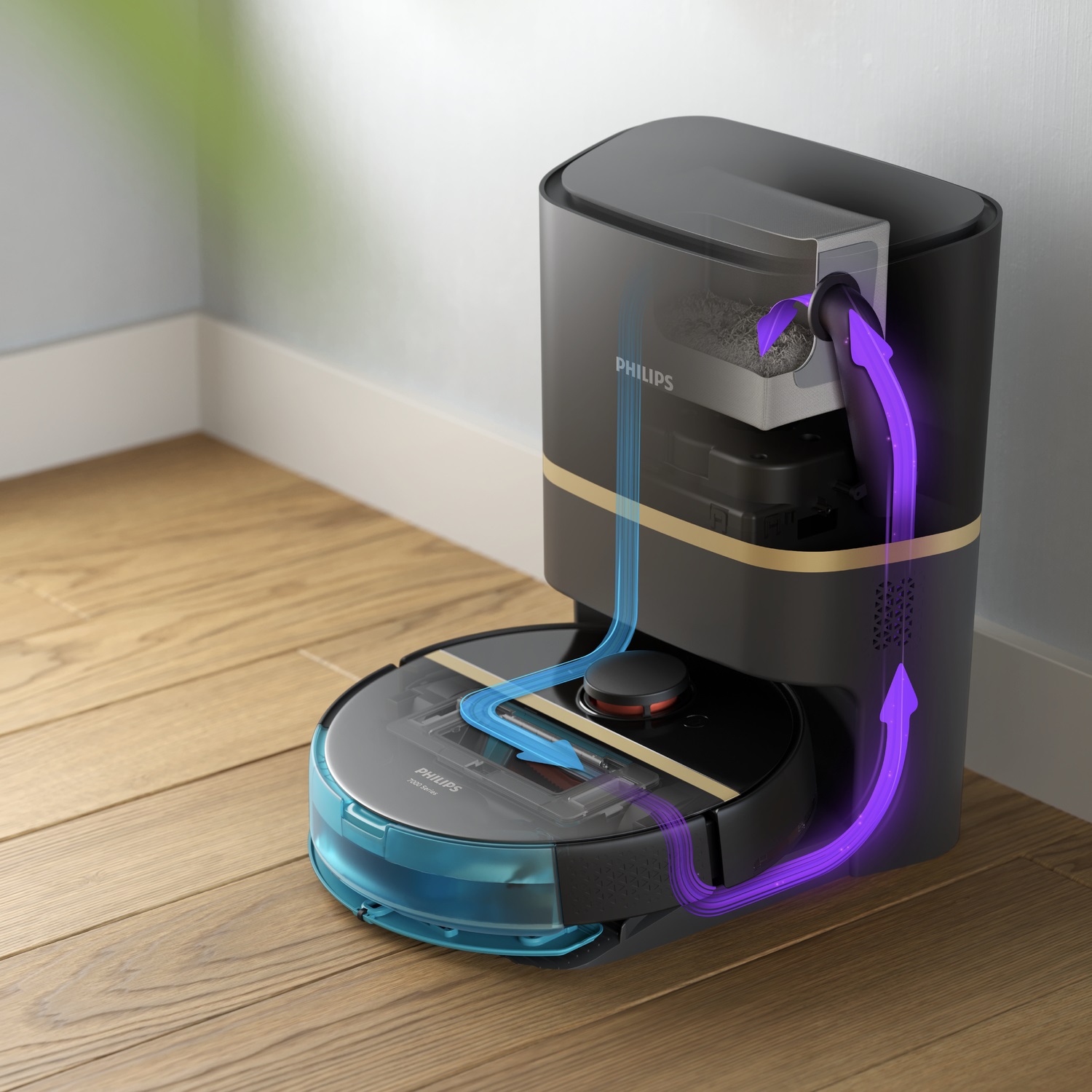 Philips HomeRun 7000 Series Aqua XU7100/01 Robot Aspirapolvere e Lavapavimenti con Potenza di Aspirazione 5000 Pa, Capacità 3L, Colore Nero e Oro