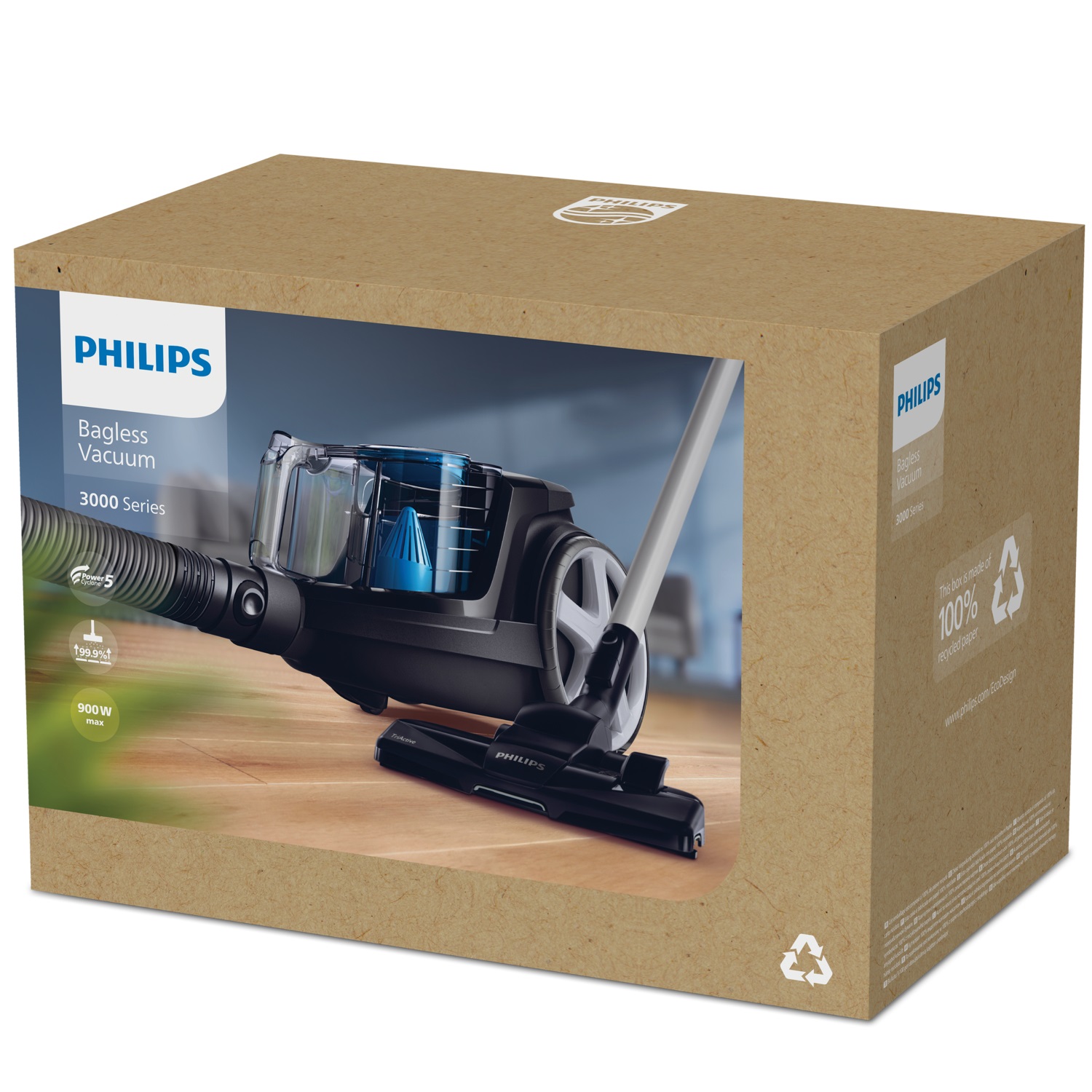 Philips FC9331/09 Aspirapolvere Senza Sacco PowerPro Compact - Tecnologia PowerCyclone 5, 900 W, 76 Decibel, Capacità 1,5 L, Filtro Antiallergeni, Spazzola TriActive