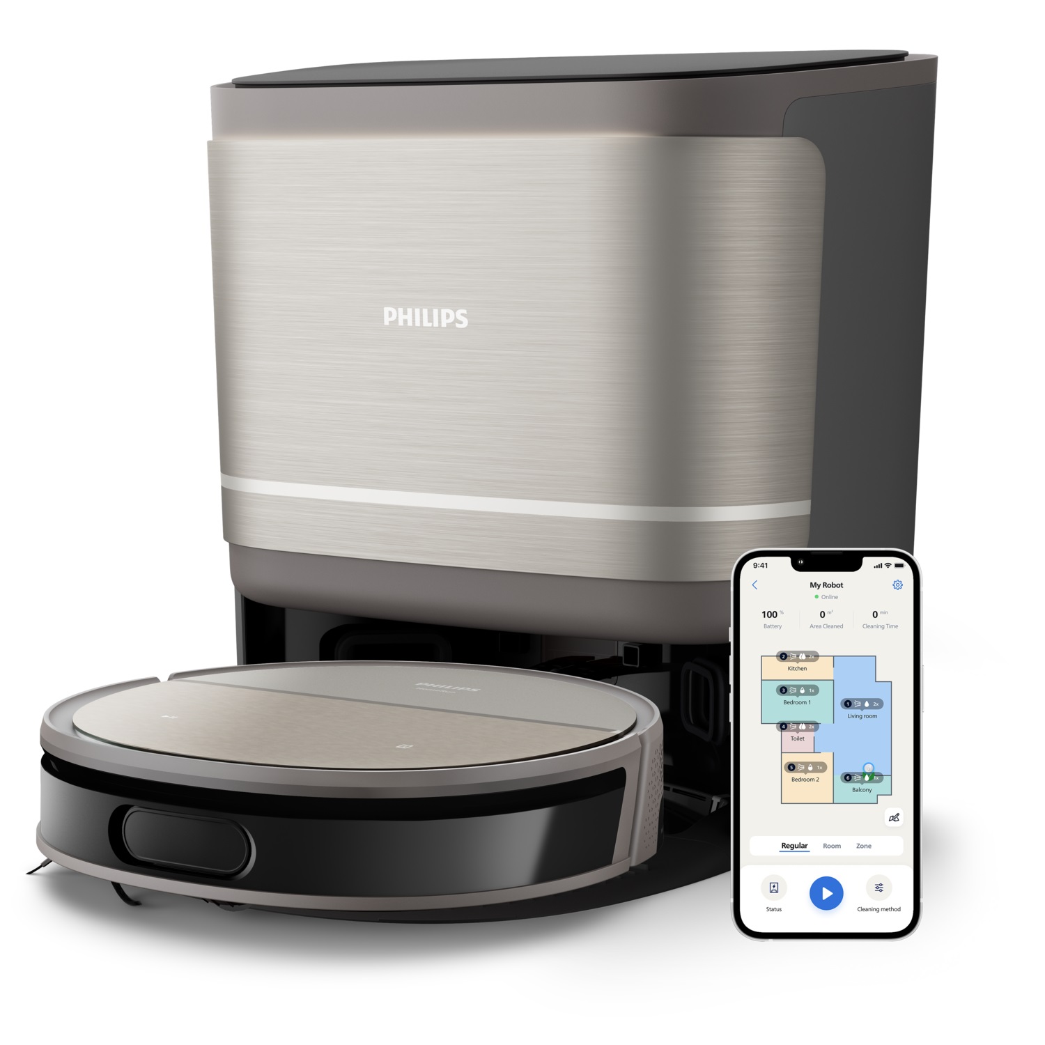 Philips HomeRun Serie 9000 Robot Aspirapolvere e Lavapavimenti XU9100/10 - Aspirazione Ultra-Forte, Lavaggio con Acqua Pulita, Stazione All-in-One, Rilevamento Ostacoli, Controllo tramite App