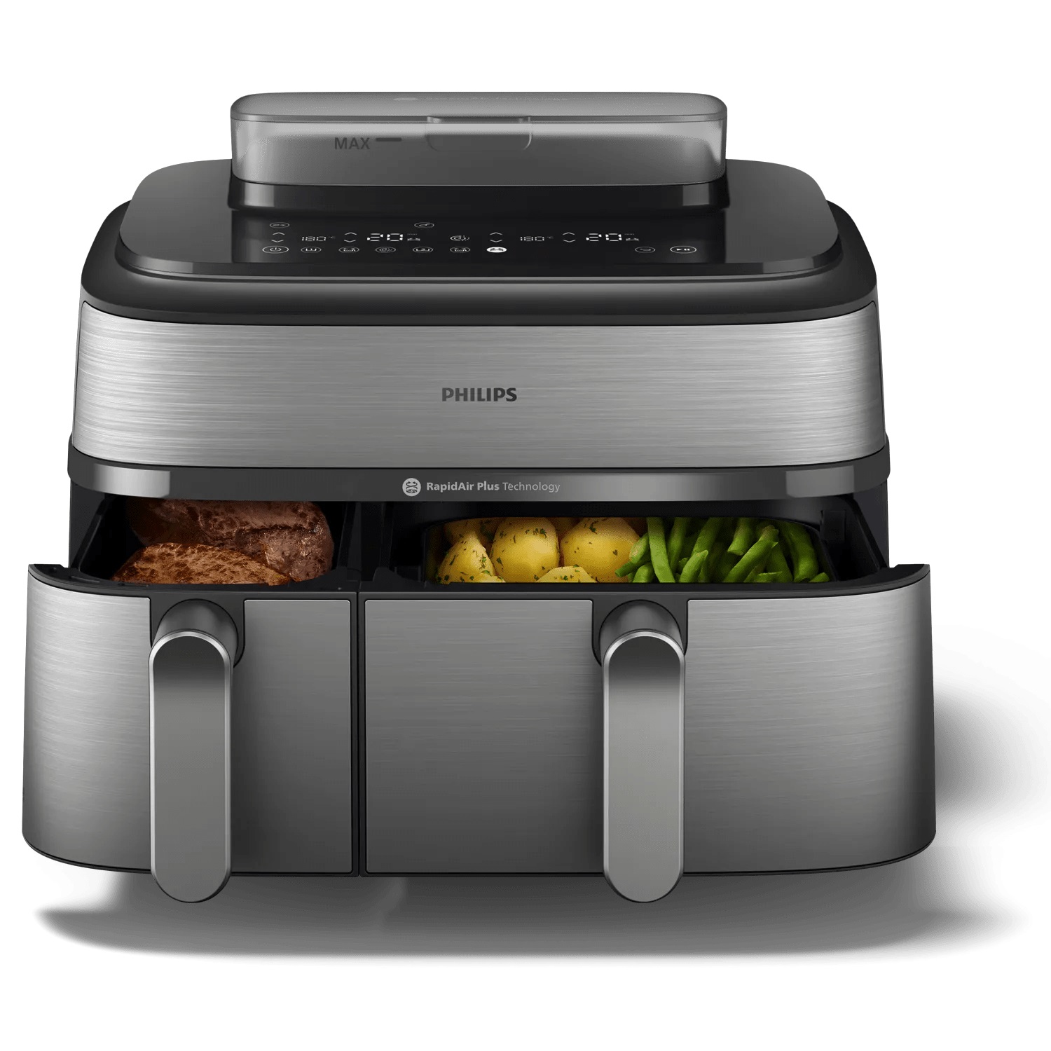 Philips Airfryer Serie 5000 NA555/00 - Friggitrice ad Aria Doppio Cestello 9L, 2750W, Funzione Vapore, 19 Metodi di Cottura, Tecnologia Rapid Air Plus