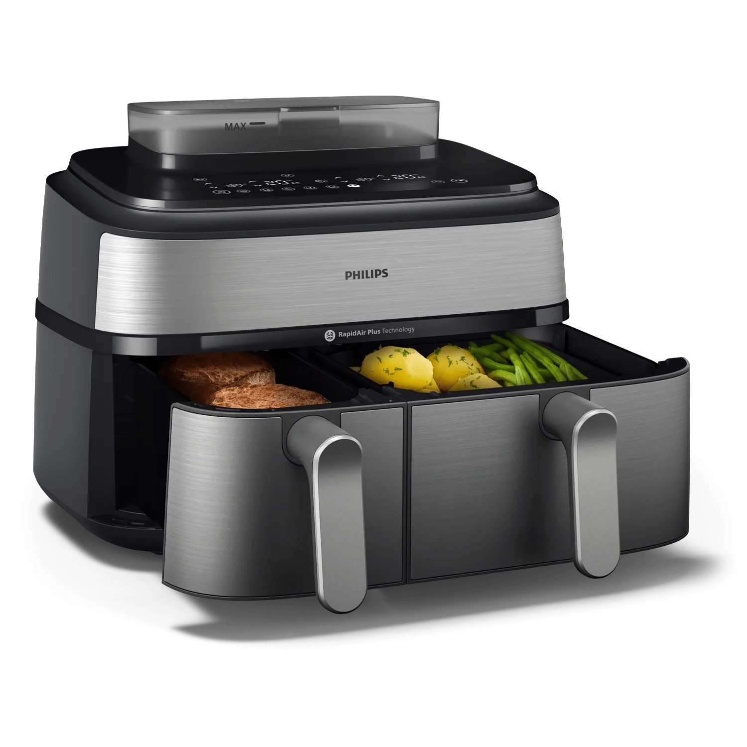 Philips Airfryer Serie 5000 NA555/00 - Friggitrice ad Aria Doppio Cestello 9L, 2750W, Funzione Vapore, 19 Metodi di Cottura, Tecnologia Rapid Air Plus