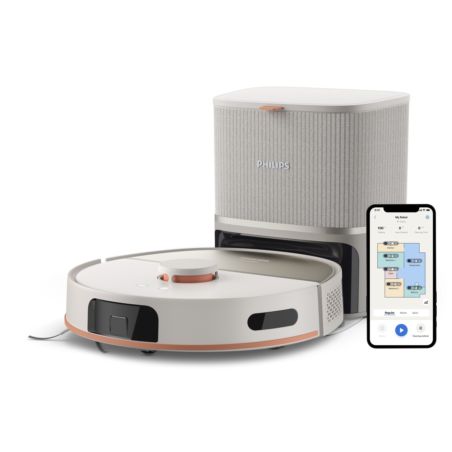 Philips HomeRun Serie 5000 - Robot Aspirapolvere e Lavapavimenti, 10.000 Pa, Doppi Moci Rotanti, Auto-Svuotamento, Navigazione Laser, App HomeRun, Beige Seta