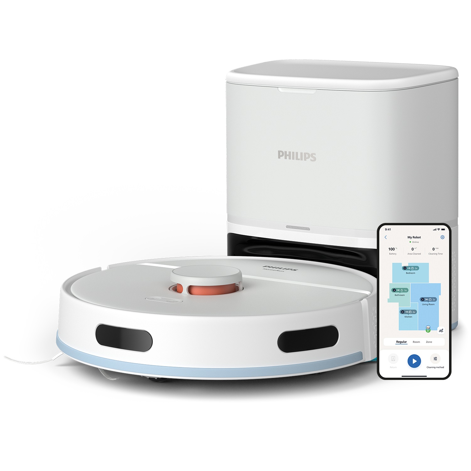 Philips Philip Homerun 2000 Robot Aspirapolvere e Scrub - Potenza Extra Forte, Radar LDS, Stazione di Automazione 70 Giorni, Applicazione Homerun, Bianco Artico