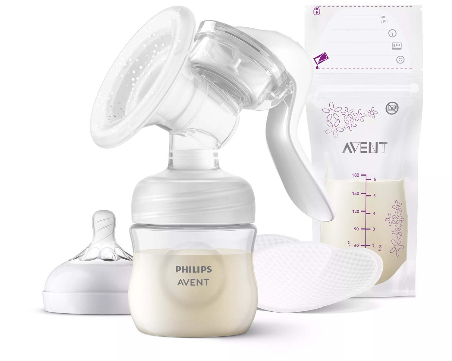 Philips AVENT SCF430/20 Tiralatte Manuale Natural con 4 Coppette Assorbilatte e 5 Sacchetti Conserva Latte
