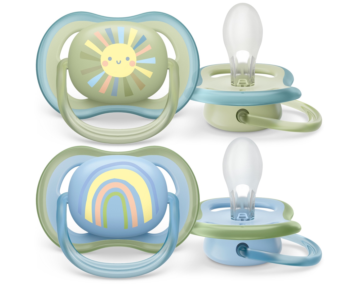 Philips Avent Ultra Air Succhietto 0-6M Blu Sole e Arcobaleno - 2 Pezzi, Tettarella Ortodontica in Silicone, Privo di BPA