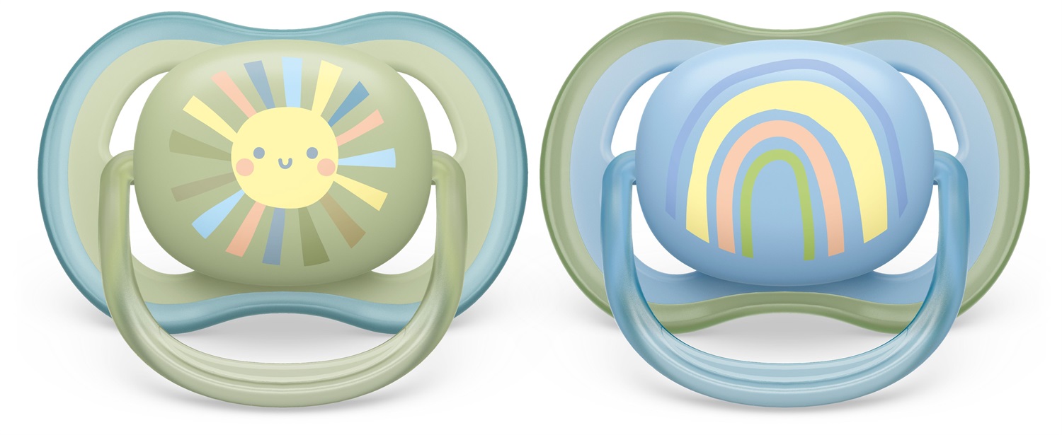 Philips Avent Ultra Air Succhietto 0-6M Blu Sole e Arcobaleno - 2 Pezzi, Tettarella Ortodontica in Silicone, Privo di BPA