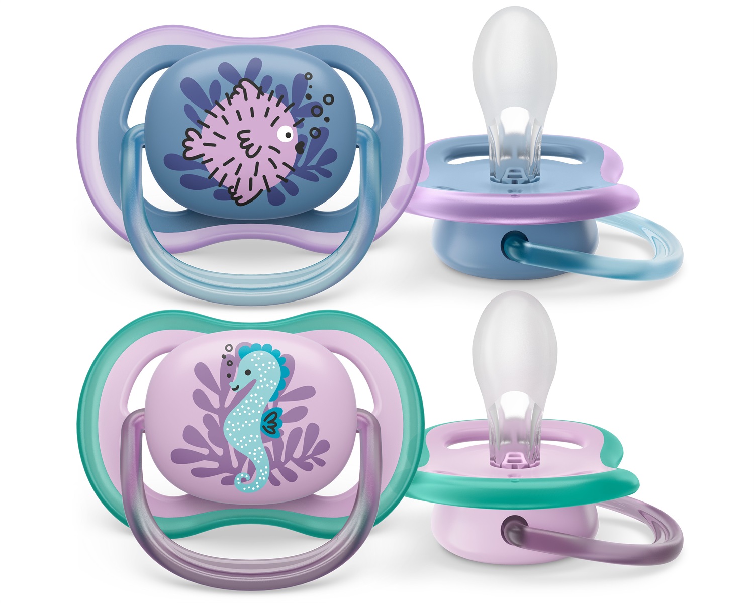Philips AVENT Ciuccio Ultra Air Ortodontico 6-18 mesi - 2 Pezzi, Leggero e Traspirante con Fori Extra-Large, Senza BPA, Design Pesce Palla/Cavalluccio Marino