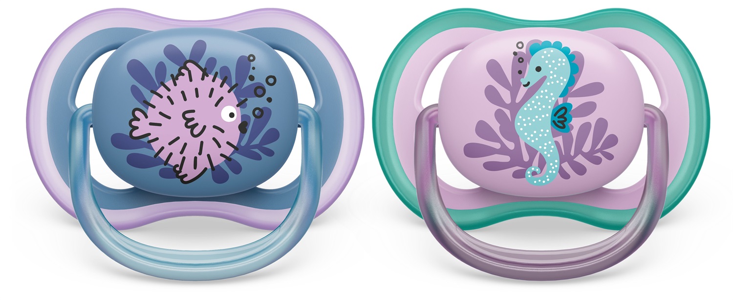 Philips AVENT Ciuccio Ultra Air Ortodontico 6-18 mesi - 2 Pezzi, Leggero e Traspirante con Fori Extra-Large, Senza BPA, Design Pesce Palla/Cavalluccio Marino
