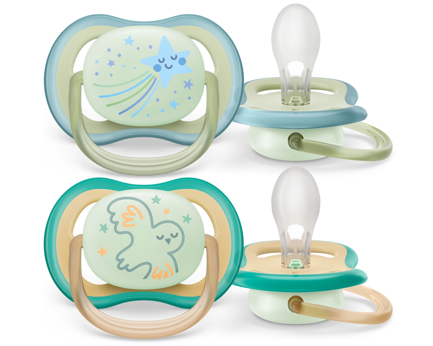 Philips AVENT Ultra Air Night Time SCF376/18 - 2 Ciucci Leggeri, Traspiranti e Fluorescenti per Bambini 0-6 Mesi, Senza BPA con Custodia da Trasporto