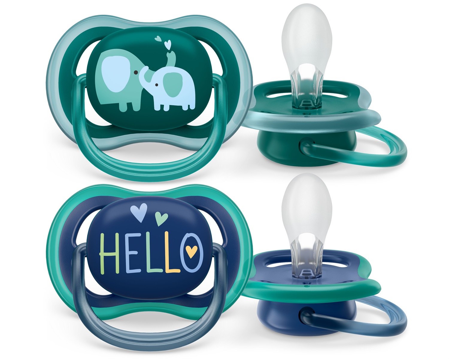 Philips AVENT Succhietto Ultra Air 18M Elefante e Hello - 2 Pezzi, Traspirante e Ortodontico, Senza BPA
