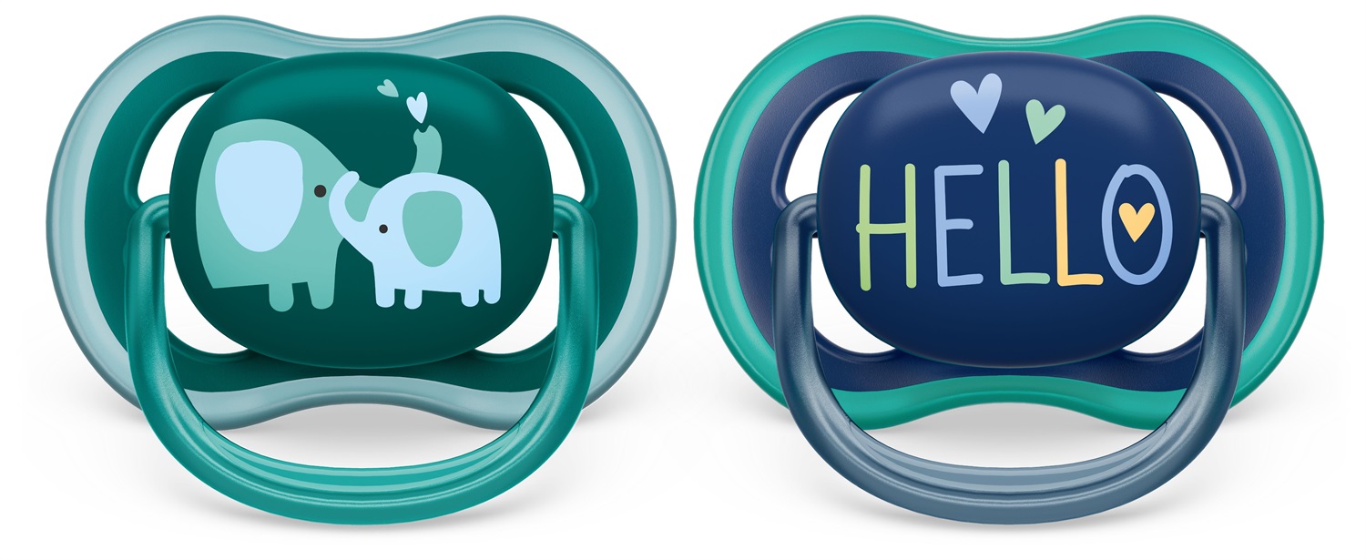 Philips AVENT Succhietto Ultra Air 18M Elefante e Hello - 2 Pezzi, Traspirante e Ortodontico, Senza BPA