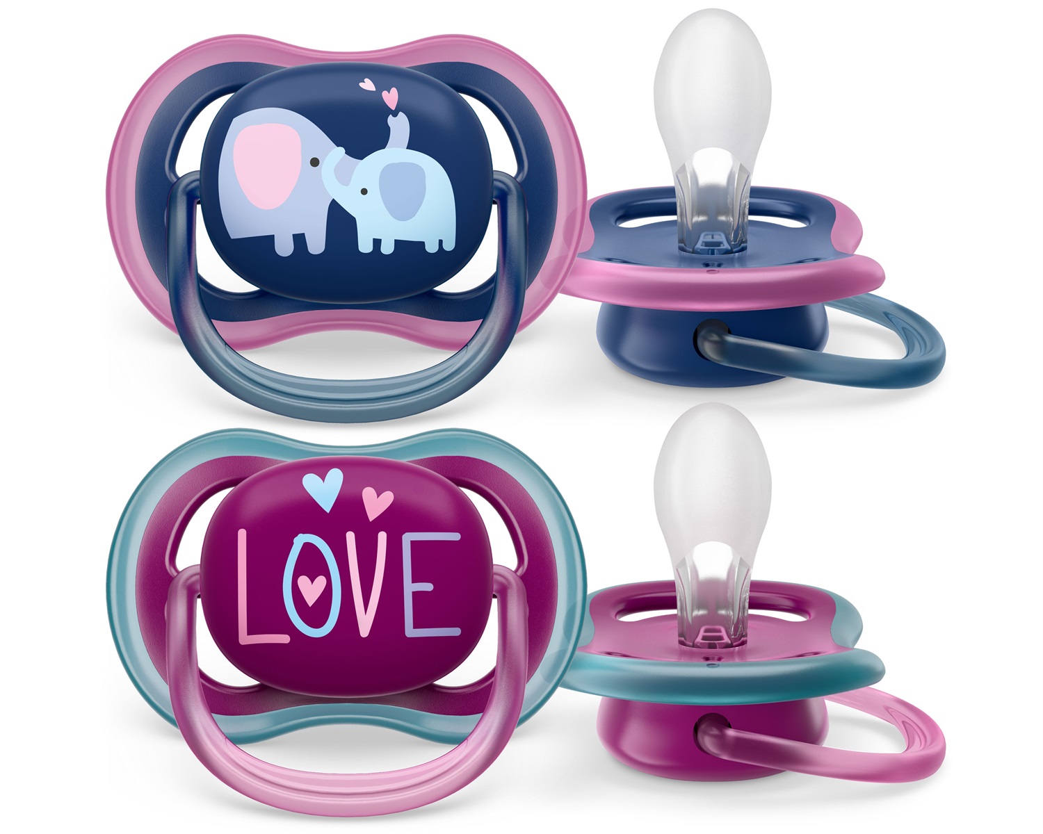 Philips Avent Succhietto Ultra Air 18M - 2 Pezzi Elefante/Amore, Leggero e Traspirante, Senza BPA