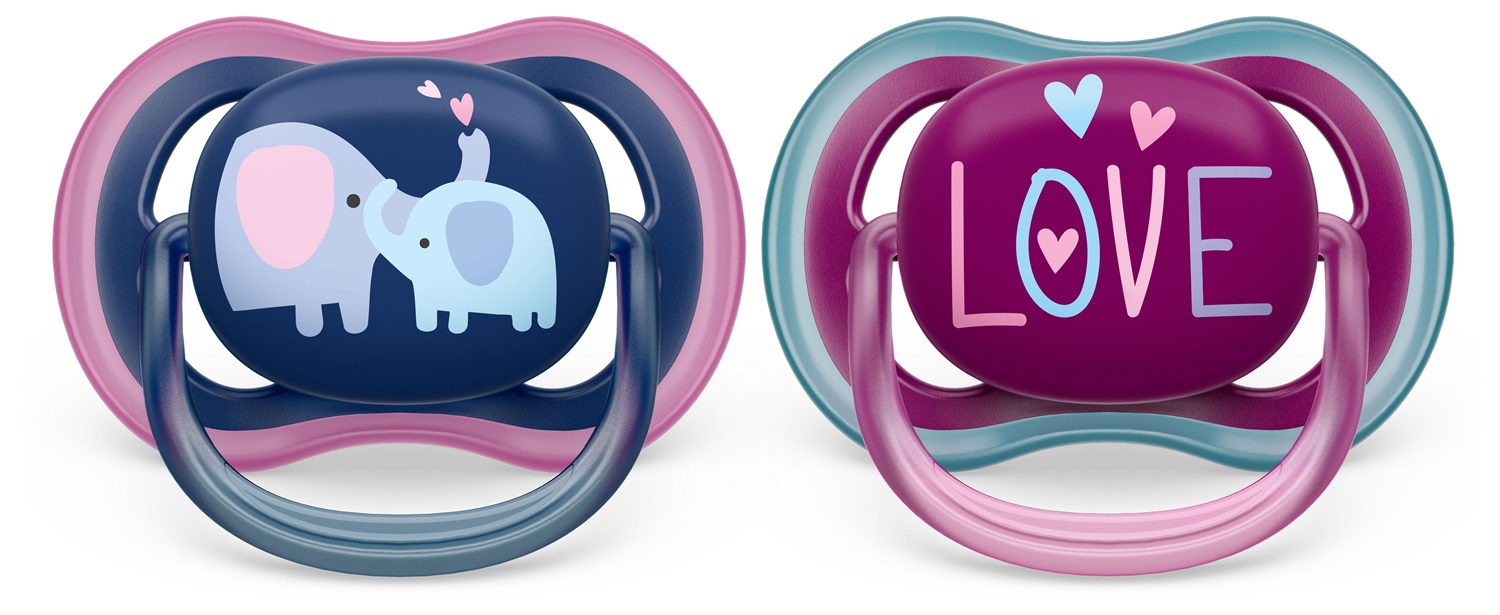 Philips Avent Succhietto Ultra Air 18M - 2 Pezzi Elefante/Amore, Leggero e Traspirante, Senza BPA