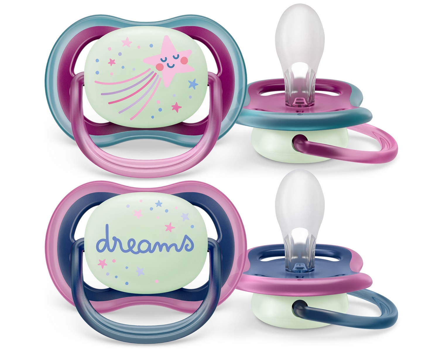 Philips Avent Ultra Air Night Time Succhietto 6-18M Stella Cometa/Dreams - 2 Pezzi, Leggero e Trasparente, Senza BPA