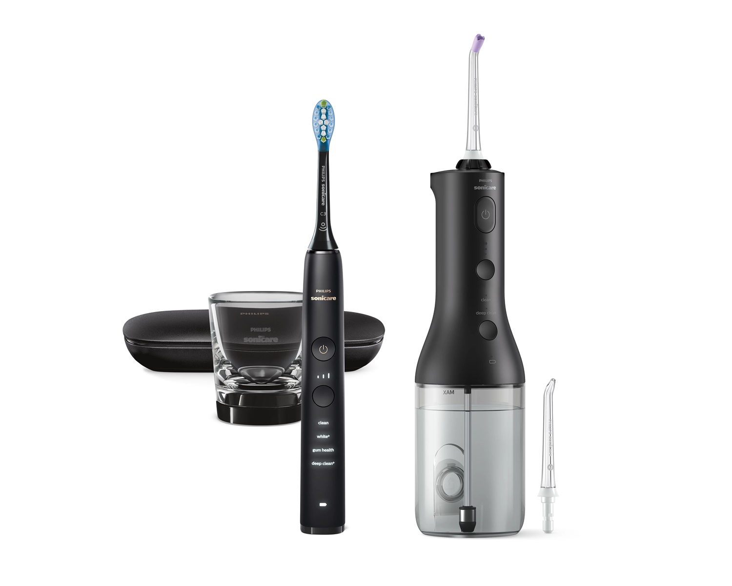 Philips Sonicare Power Flosser 3000 e Spazzolino Elettrico DiamondClean 9000 - Irrigatore Orale Senza Filo per Pulizia di Denti e Gengive, Colore Nero, Modello HX3886/43 con Punta Quad Stream