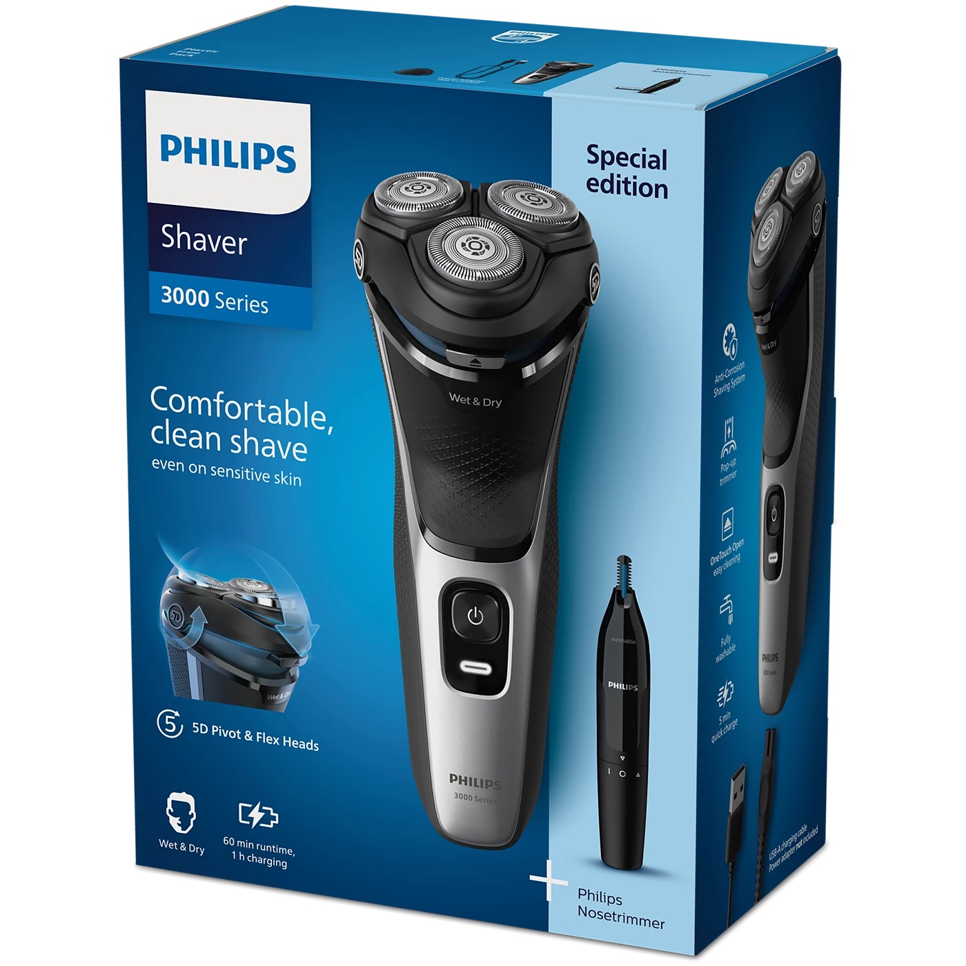 Philips Shaver 3000 Series S3143/02 Rasoio Elettrico Wet & Dry con Testine Pivot & Flex 5D e Lame PowerCut