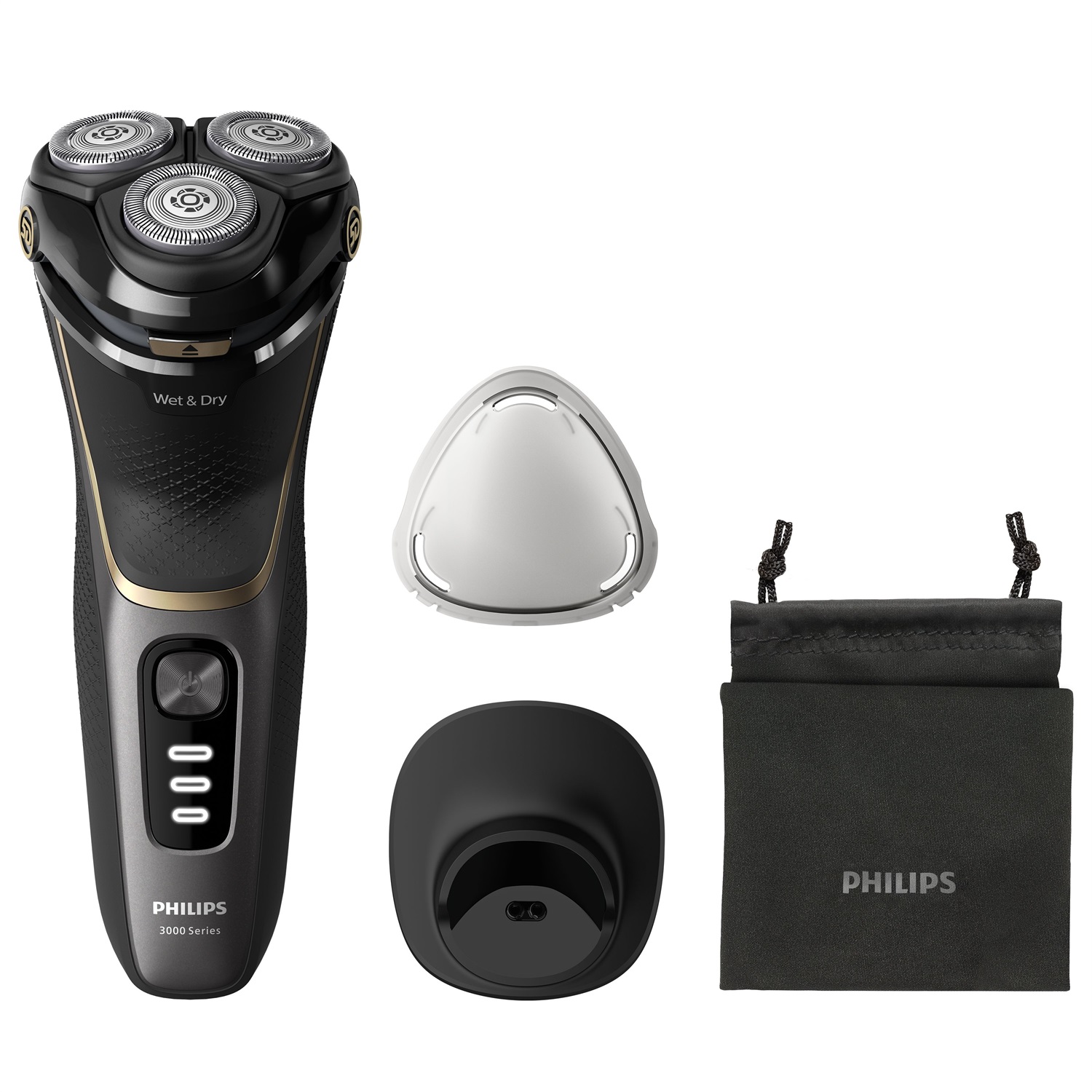 Philips Rasoio Elettrico Serie 3000 S3342/13 Wet & Dry per Uomo con Tecnologia SkinProtect, Rifinitore a Scomparsa, Supporto di Ricarica e Astuccio da Viaggio - Colore Deep Black