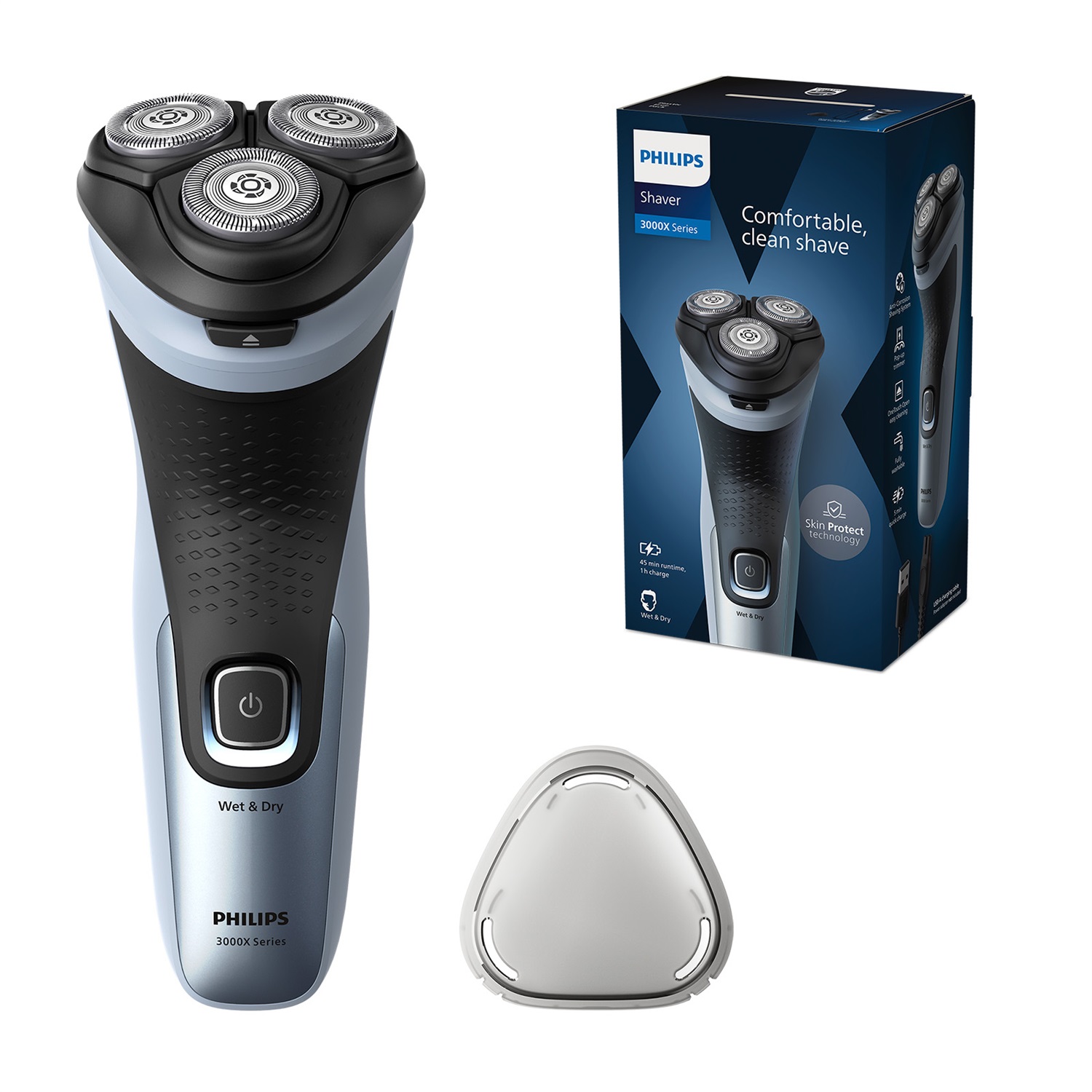 Philips Rasoio Elettrico Serie 3000X X3053/00 Wet & Dry per Uomo - Blu Cielo, Tecnologia SkinProtect, Rifinitore a Scomparsa, Design Ergonomico