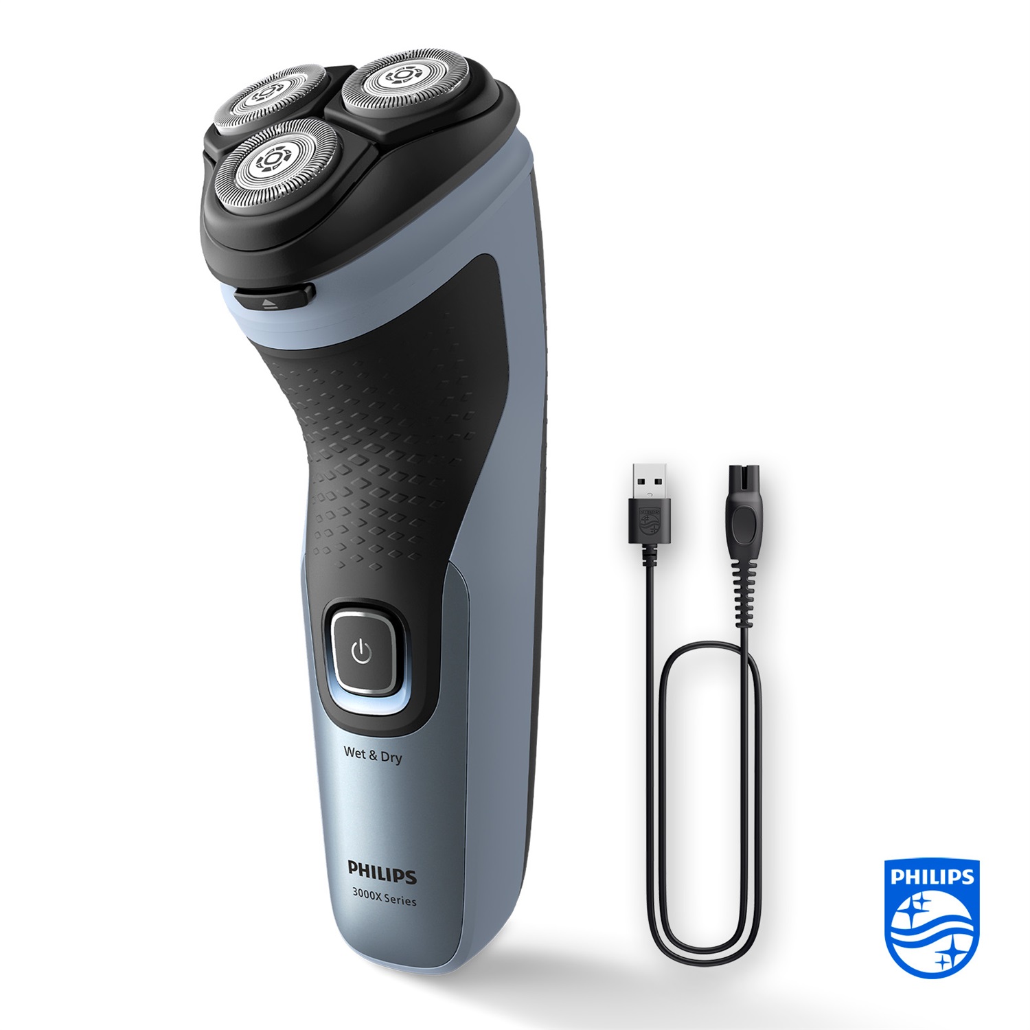 Philips Rasoio Elettrico Serie 3000X X3053/00 Wet & Dry per Uomo - Blu Cielo, Tecnologia SkinProtect, Rifinitore a Scomparsa, Design Ergonomico