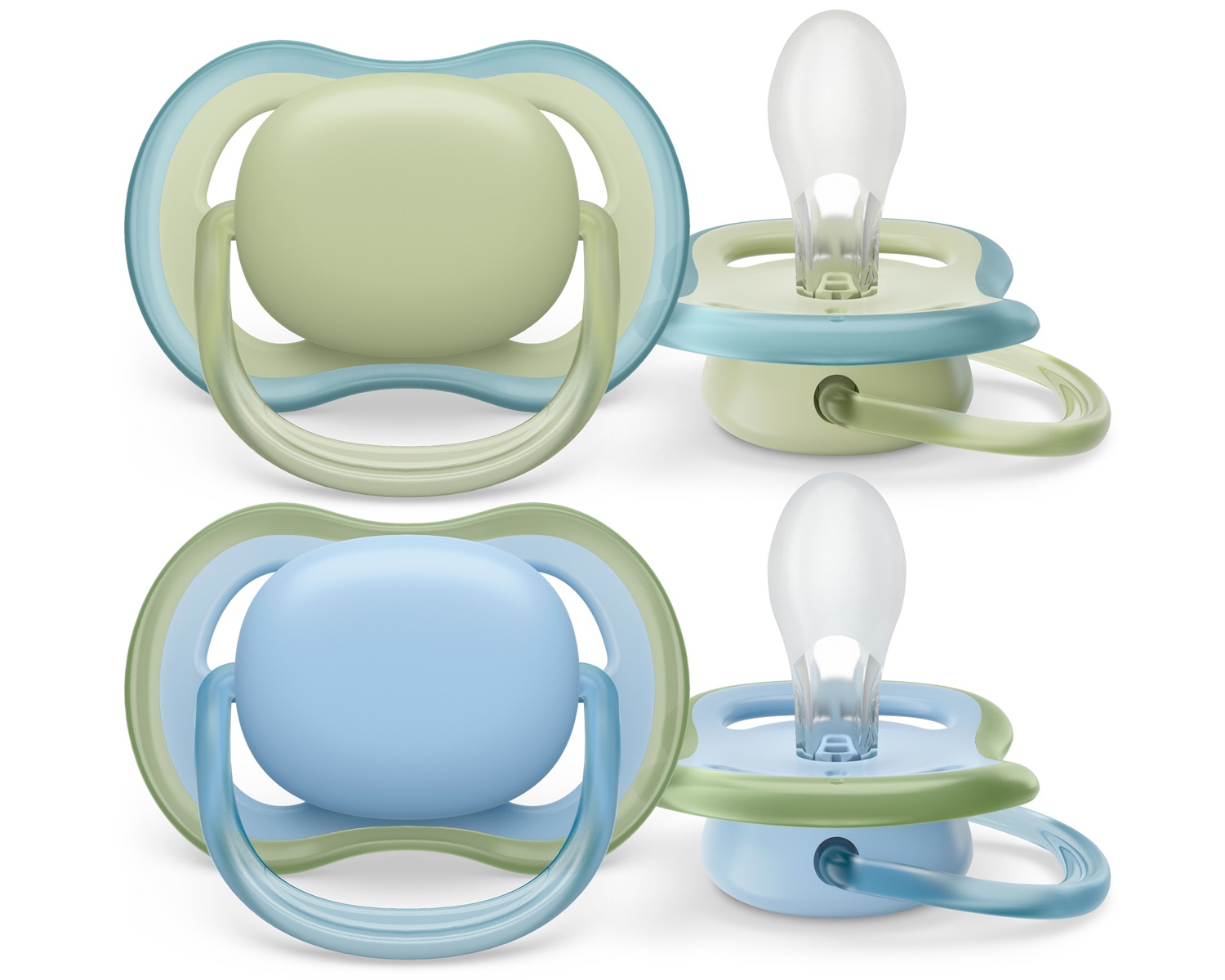 Philips Avent Ultra Air SCF085/21 Succhietto 0-6 Mesi, 2 Pezzi, Azzurro e Verde, Silicone, Traspirante e BPA Free
