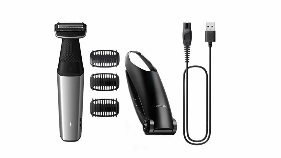 Philips BODYGROOM Series 5000 BG5021/15 - Rifinitore impermeabile per corpo e inguine, Bagnato e secco, 3 lunghezze, Nero/Argento