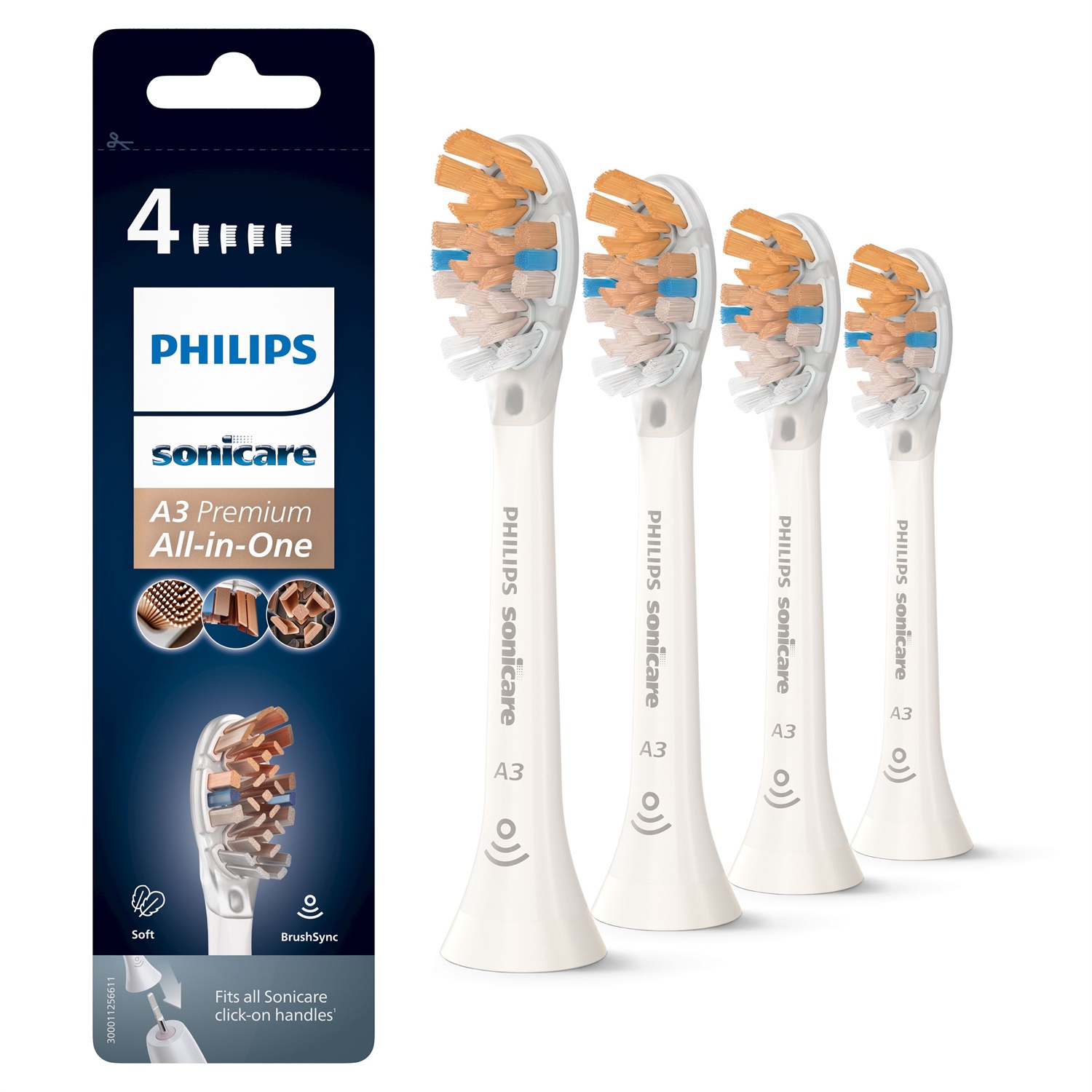 Philips Sonicare A3 Premium All-in-One HX9094/10 - Confezione da 4 Testine di Ricambio Bianche per Spazzolino Elettrico