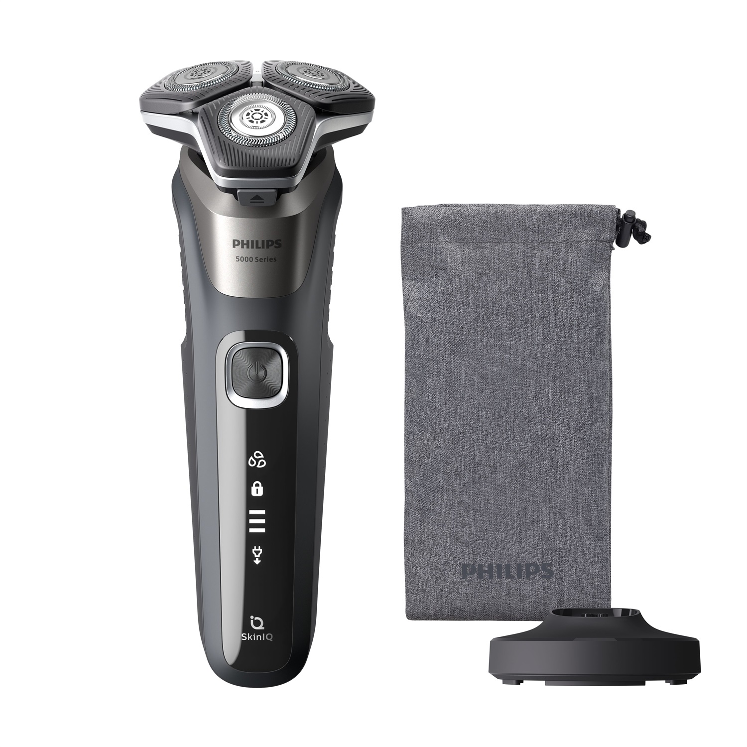 Philips SHAVER Series 5000 S5887/13 - Rasoio elettrico Wet & Dry in grigio carbonio con tecnologia SkinIQ, 45 lame autoaffilanti, rifinitore a scomparsa, astuccio morbido e supporto di ricarica