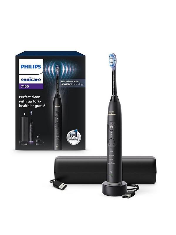 Philips Sonicare 7100 Series Spazzolino Elettrico Sonico HX7421/01 con Base di Ricarica, Custodia, 3 Livelli di Intensità e Sensore di Pressione - Colore Nero