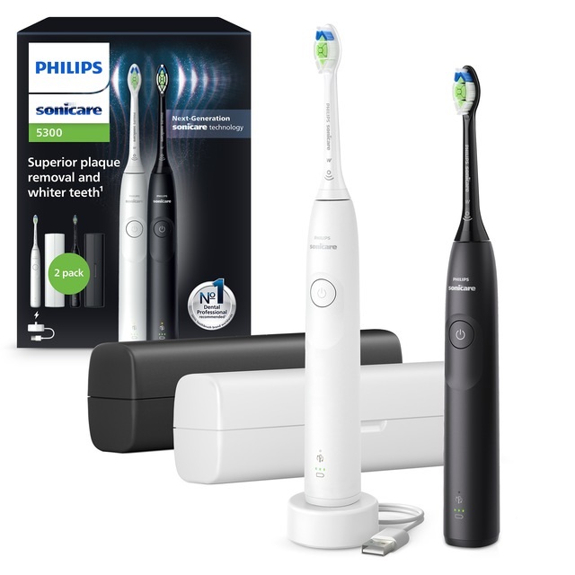 Philips Sonicare 5300 Spazzolino Elettrico Sonico HX7109/01 con Base di Ricarica e Custodia, 2 Livelli di Intensità, Sensore di Pressione, Doppio Manico Bianco e Nero