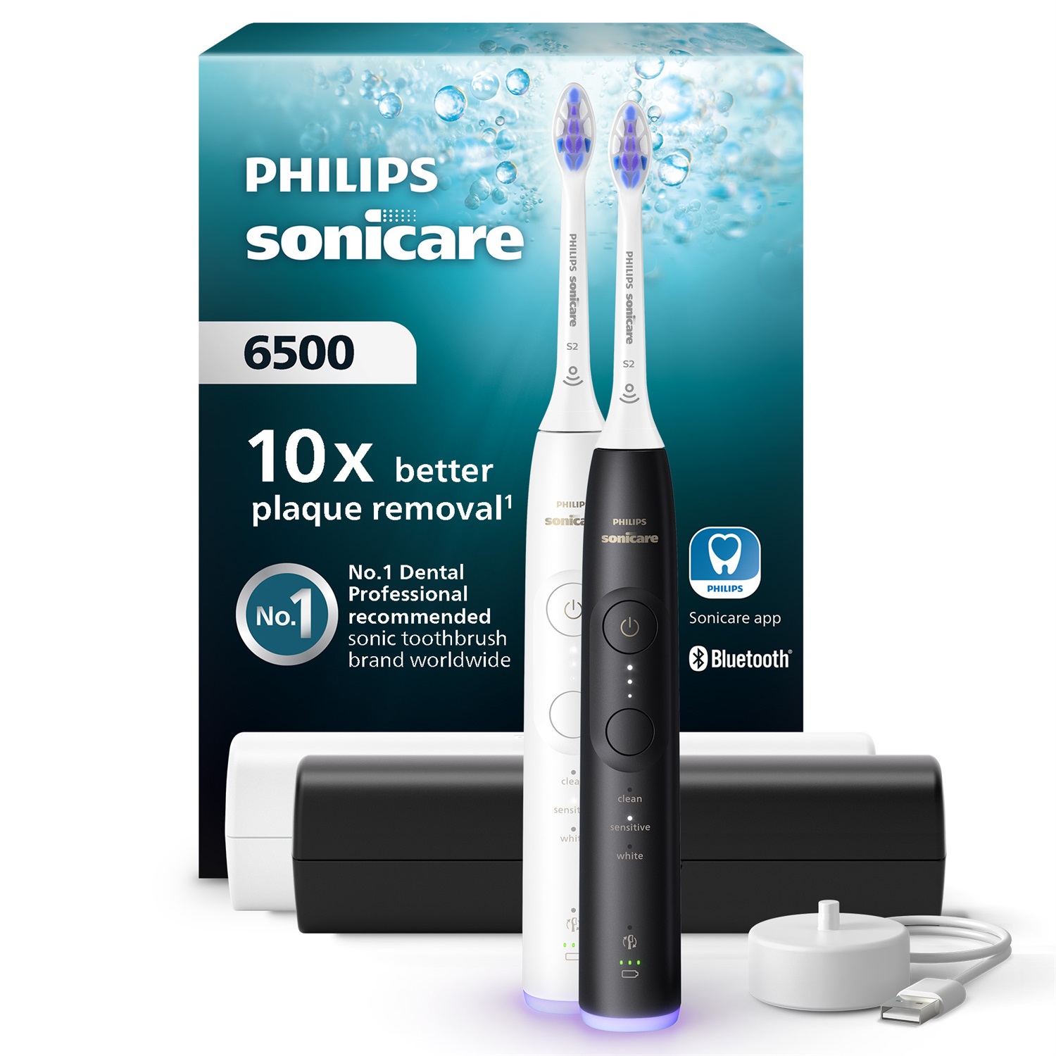 Philips Sonicare 6500 Series Spazzolino Elettrico Sonico HX7419/01 - Set di 2 Spazzolini con Base di Ricarica e Custodia, 3 Livelli di Intensità e Sensore di Pressione, Colori Bianco e Nero
