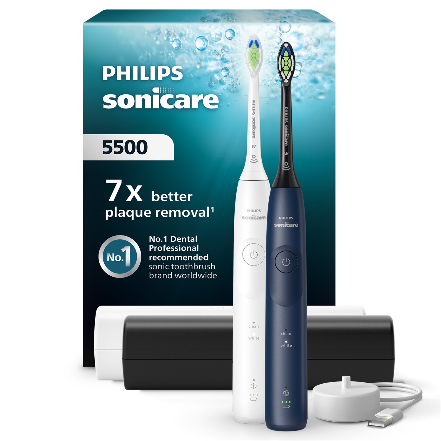 Philips Sonicare 5500 HX7119/01 Spazzolino Elettrico Sonico Ricaricabile con 2 Modalità, Avviso di Pressione, EasyStart, Smartimer e BrushPacer - Confezione da 2, Bianco e Blu Navy