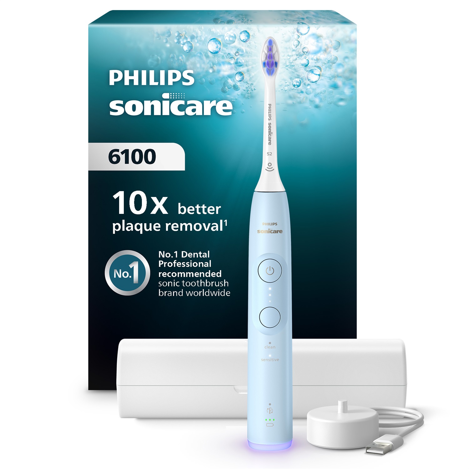 Philips Sonicare 6100 HX7406/02 Spazzolino Elettrico Sonico con 2 Modalità, 3 Livelli di Intensità, Avviso di Pressione, EasyStart, SmarTimer e BrushPacer - Azzurro