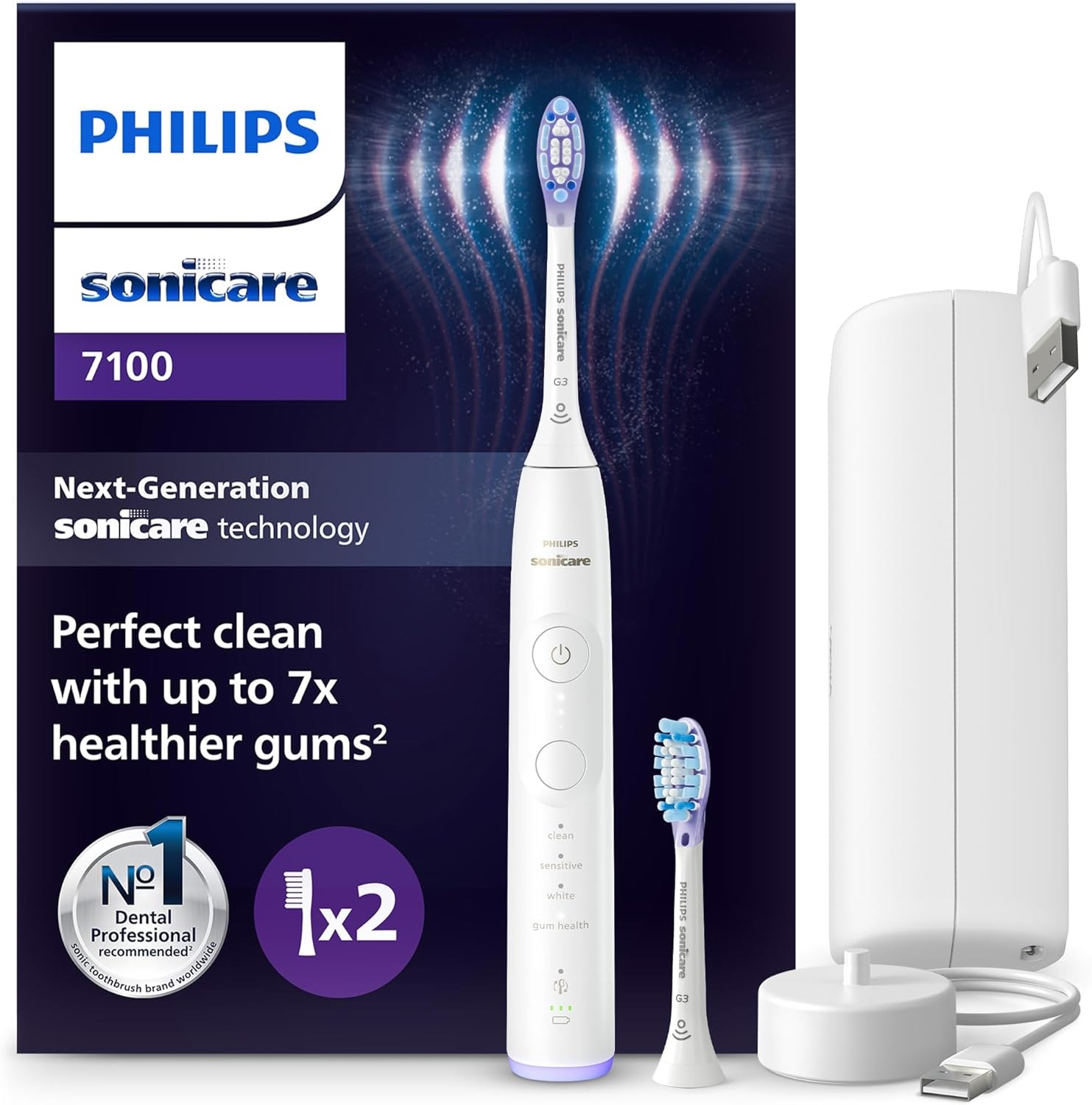 Philips Sonicare 7100 HX7420/02 Spazzolino Elettrico Sonico con App, 4 Modalità di Spazzolamento, 3 Livelli di Intensità, Avviso di Pressione, EasyStart, SmarTimer e BrushPacer, Bianco