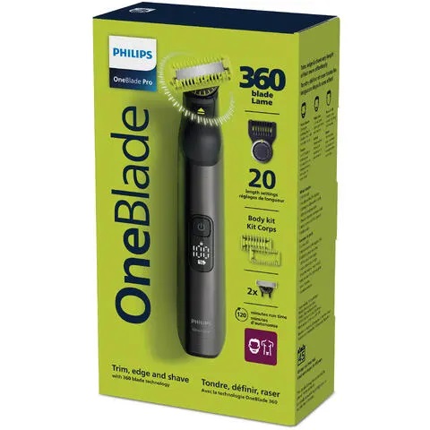 Philips OneBlade Pro 360 Rasoio, Regolabarba e Rifinitore Face & Body con Pettine di Precisione Regolabile 20 Lunghezze QP6552/15, Display LED, Lavabile, Batteria, Cromo