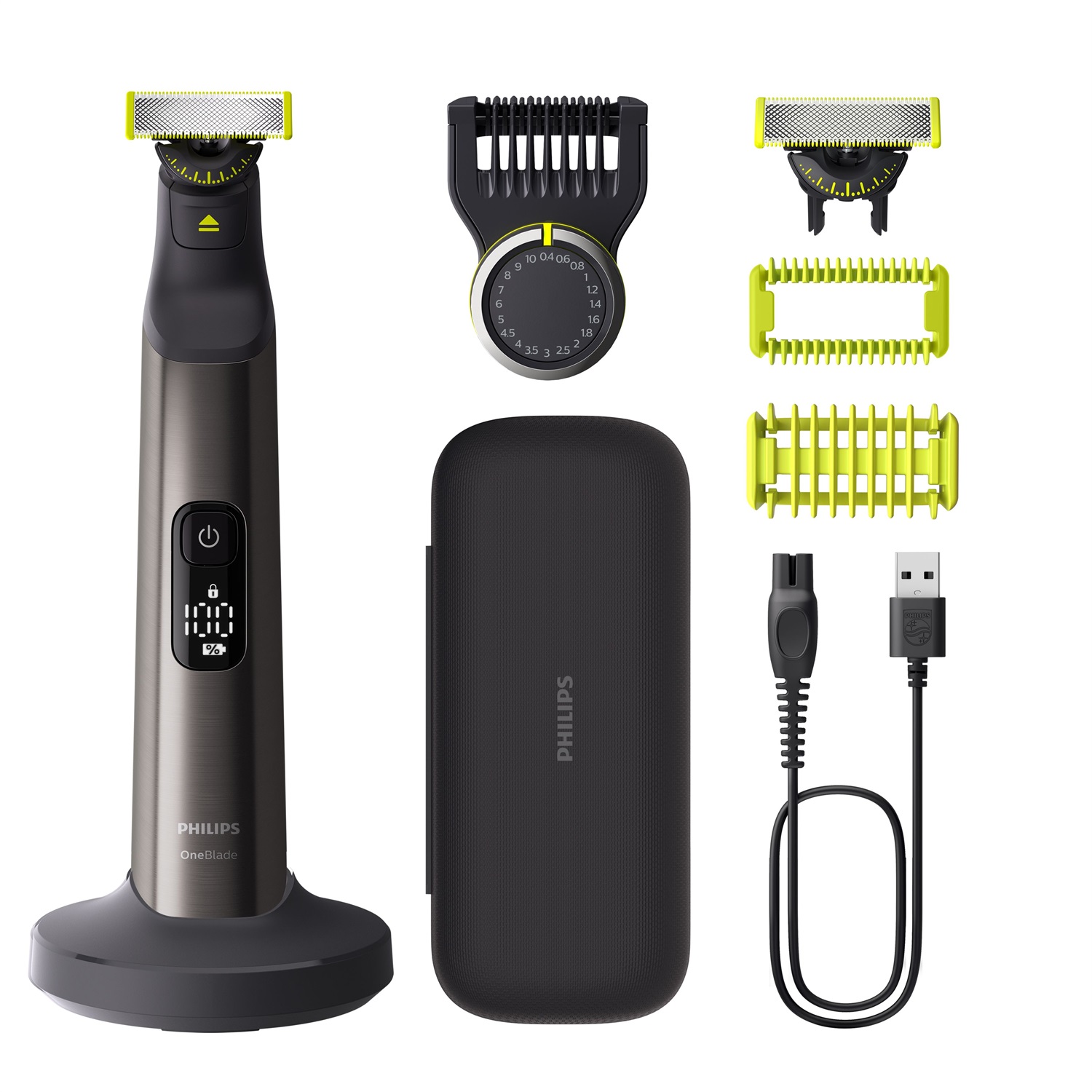 Philips OneBlade Pro 360 QP6652/30 - Regolabarba elettrico per viso e corpo, rasoio e depilatore, 2x 360 lame, pettine a 14 lunghezze, kit per il corpo, base di ricarica, custodia da viaggio