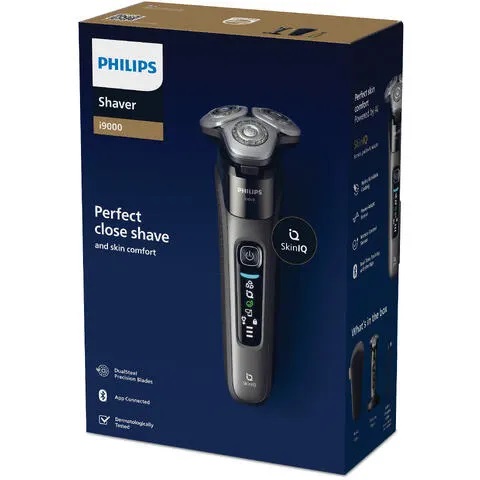 Philips i9000 X9002 Rasoio Elettrico Wet & Dry con SkinIQ, 3 Testine in Acciaio Inox, Colore Grigio, Batteria Ricaricabile Ioni di Litio