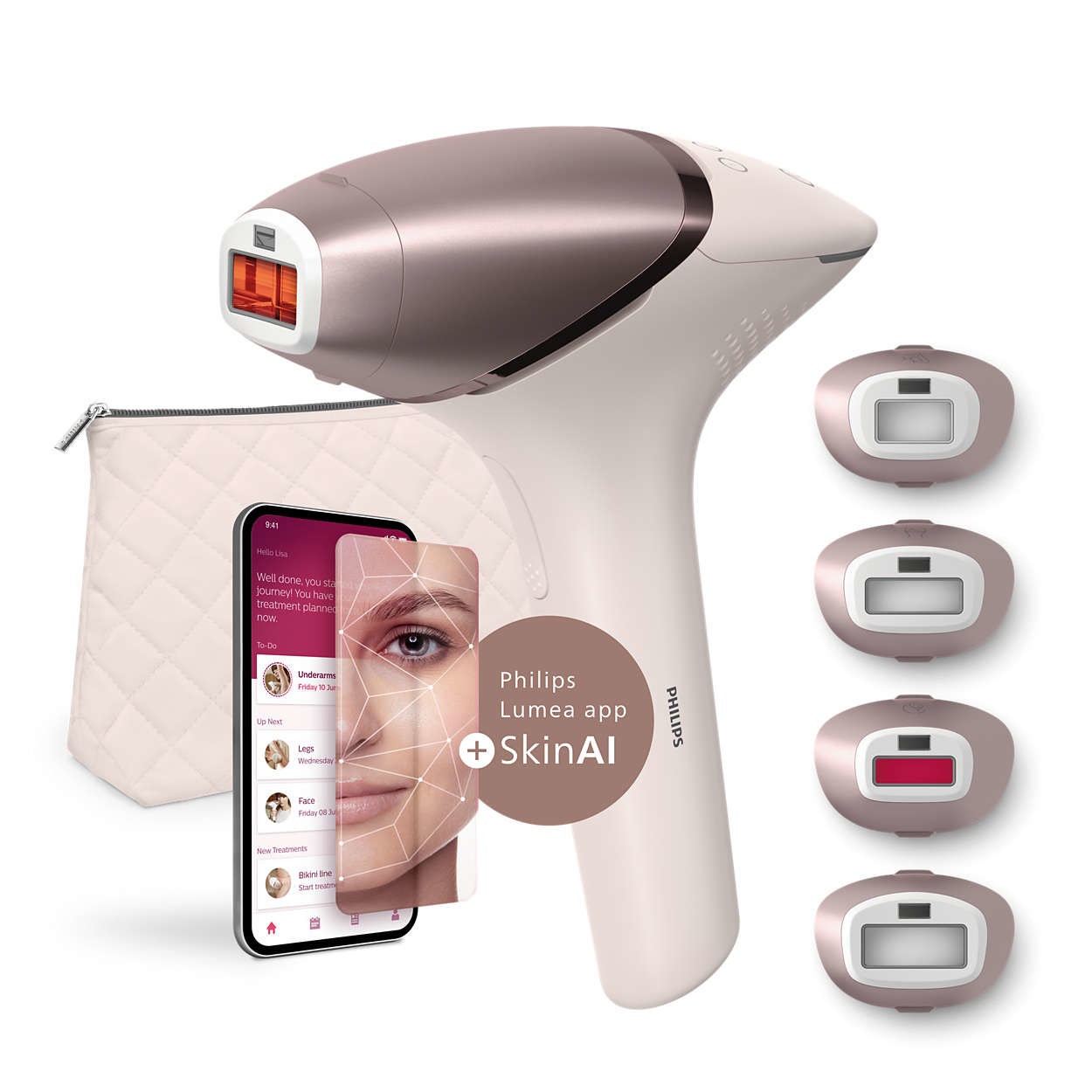 Philips Lumea IPL 9900 Series BRI951/00 - Dispositivo di epilazione IPL con SenseIQ e SkinAI, 4 accessori per viso, corpo, ascelle e zona bikini, funzionamento con e senza filo