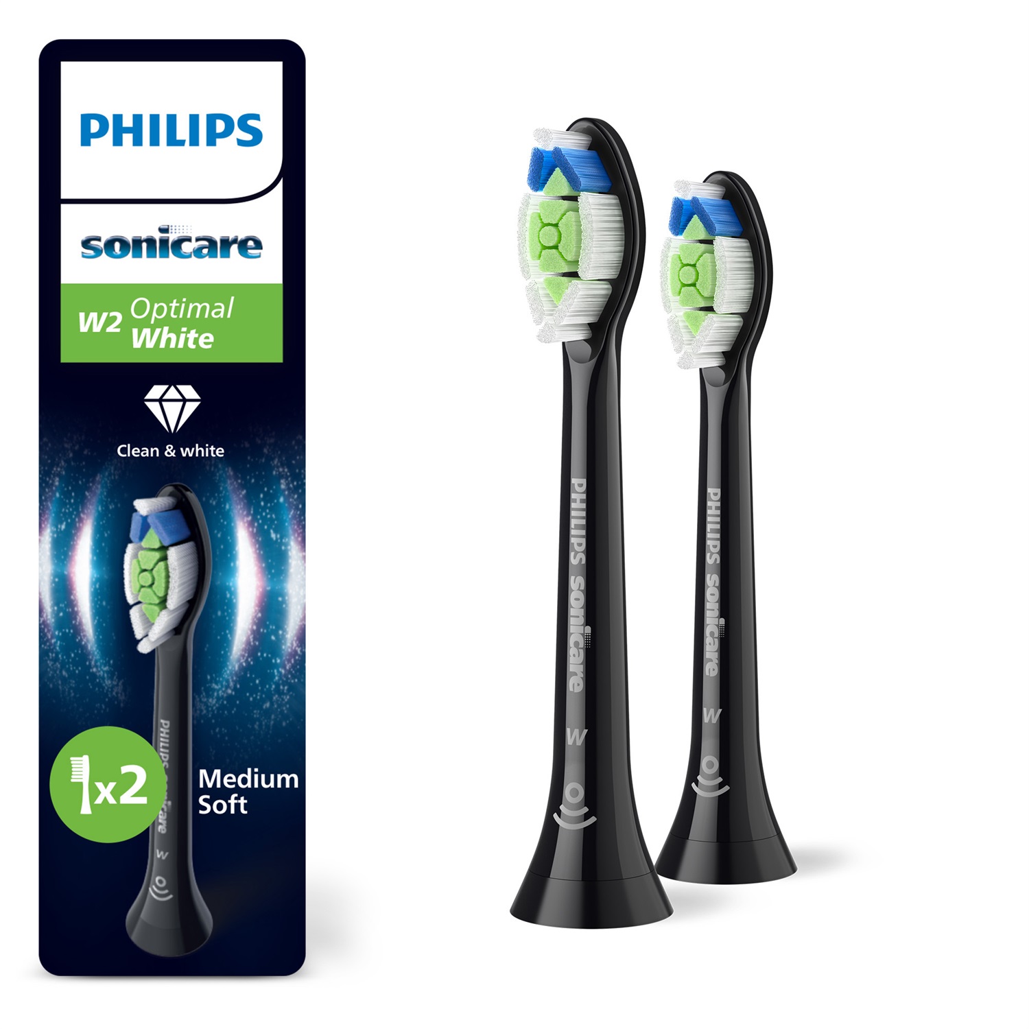 Philips Sonicare HX6062/88 Testine di Ricambio Optimal White, 2 pz, Nero - Sbiancamento Denti e Pulizia Eccellente