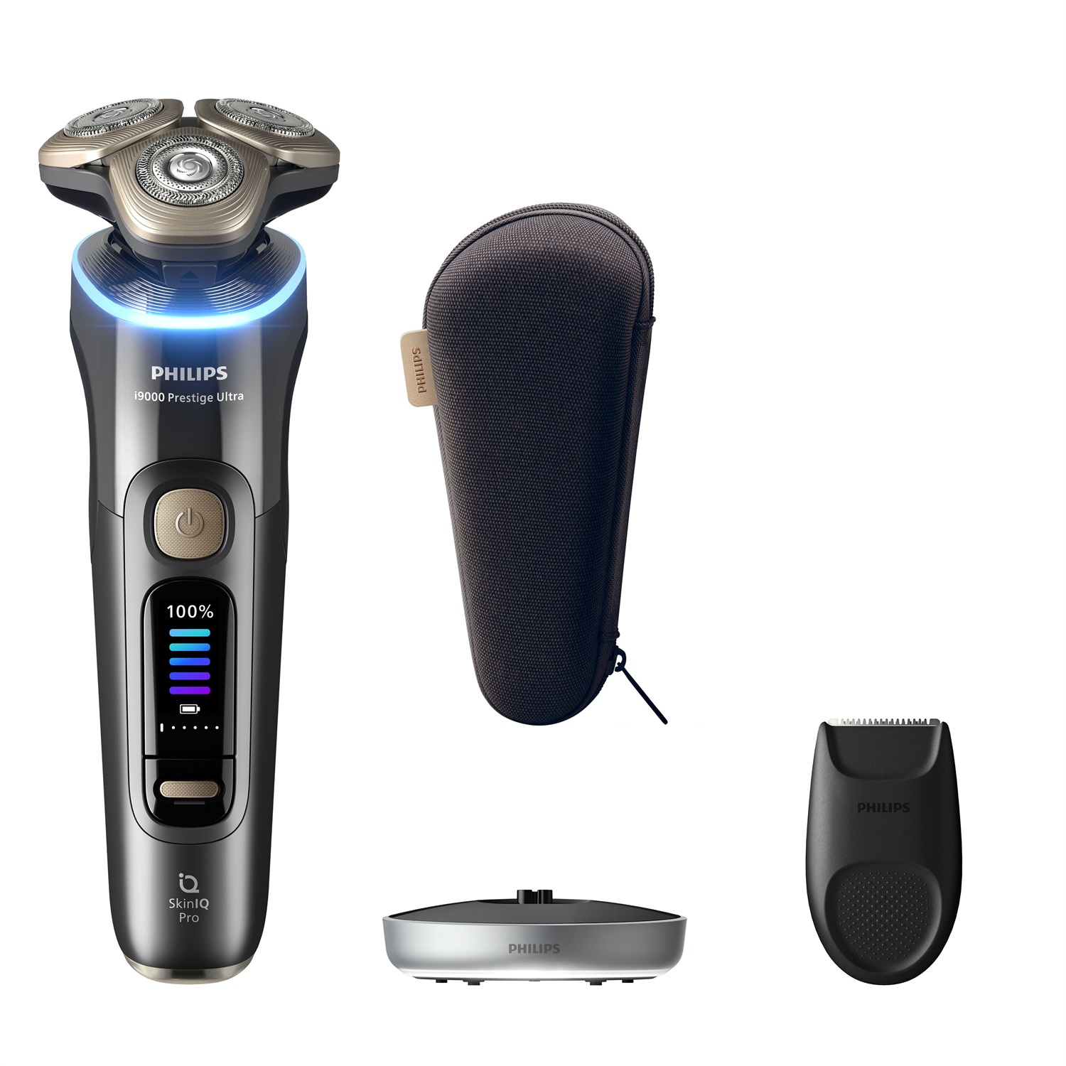 Philips Shaver i9000 Prestige Ultra XP9402/11 - Rasoio elettrico Wet & Dry con tecnologia SkinIQ Pro, triplo sistema di sollevamento e taglio, lame di precisione NanoTech 360º, 5 modalità di rasatura