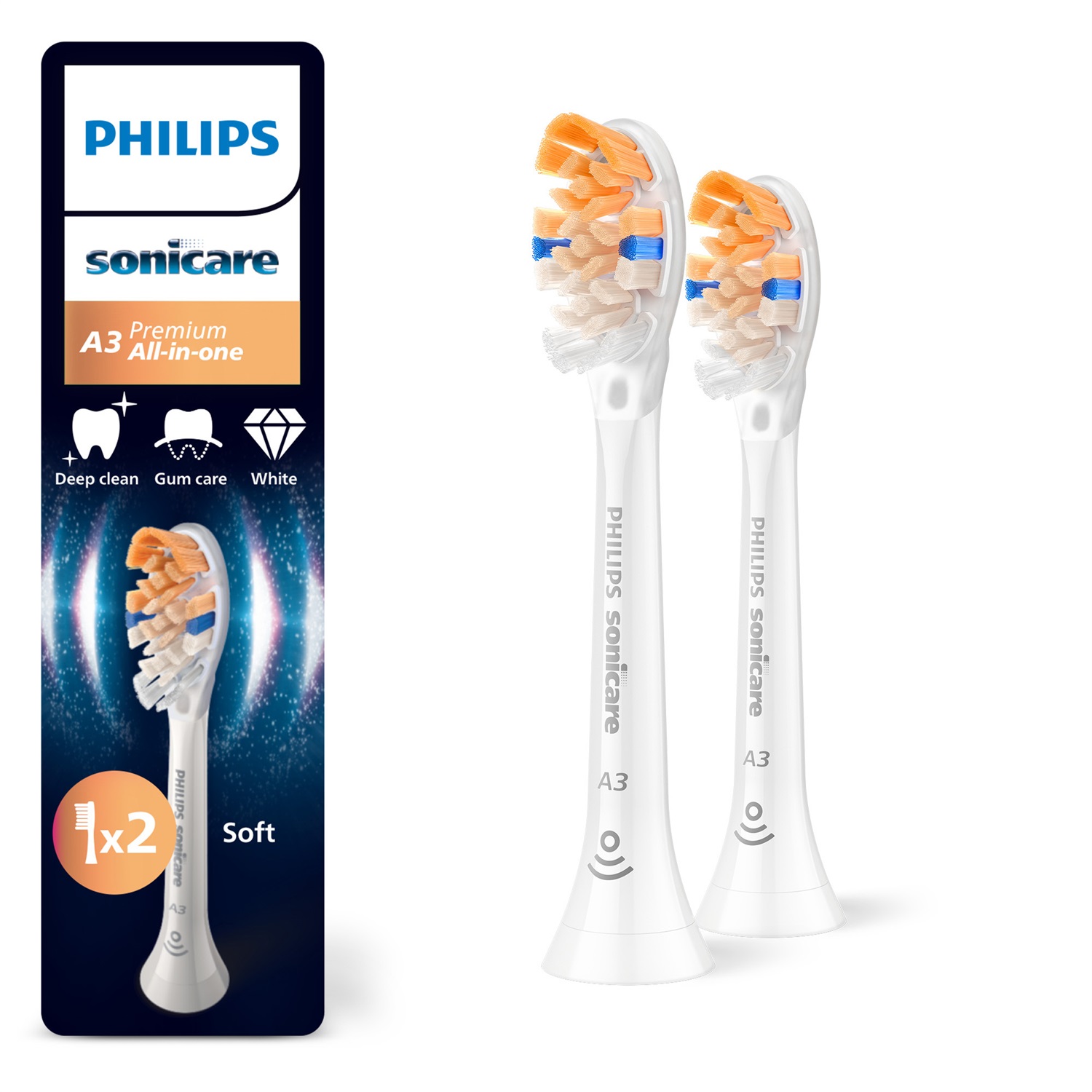 Philips Sonicare A3 Premium All-in-One HX9092/87 - Testine di ricambio bianche, confezione da 2, rimozione placca efficace