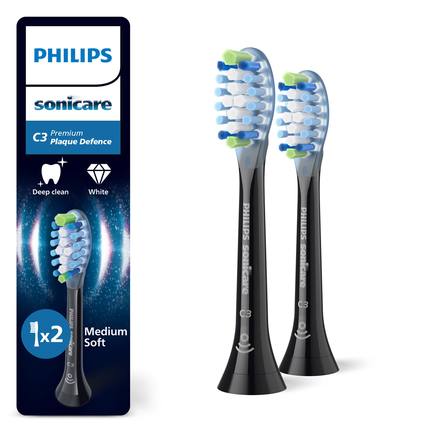 Philips Sonicare C3 Premium Plaque Defence HX9042/88 - Testine di ricambio originali, 2 pz, Nero, Rimuove fino a 10 volte più placca