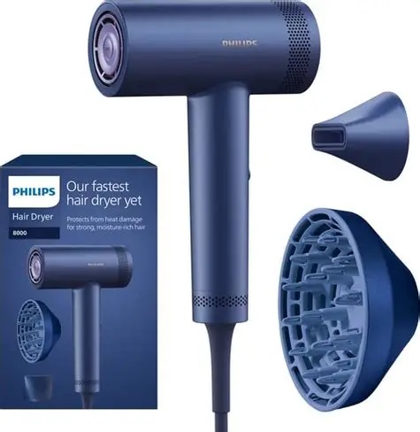 Philips Asciugacapelli 8000 Series BHD839/10 - 1400 W, Blu, Funzione Ionica, 3 Velocità, 7 Regolazioni Calore, Tecnologia ThermoShield Advanced