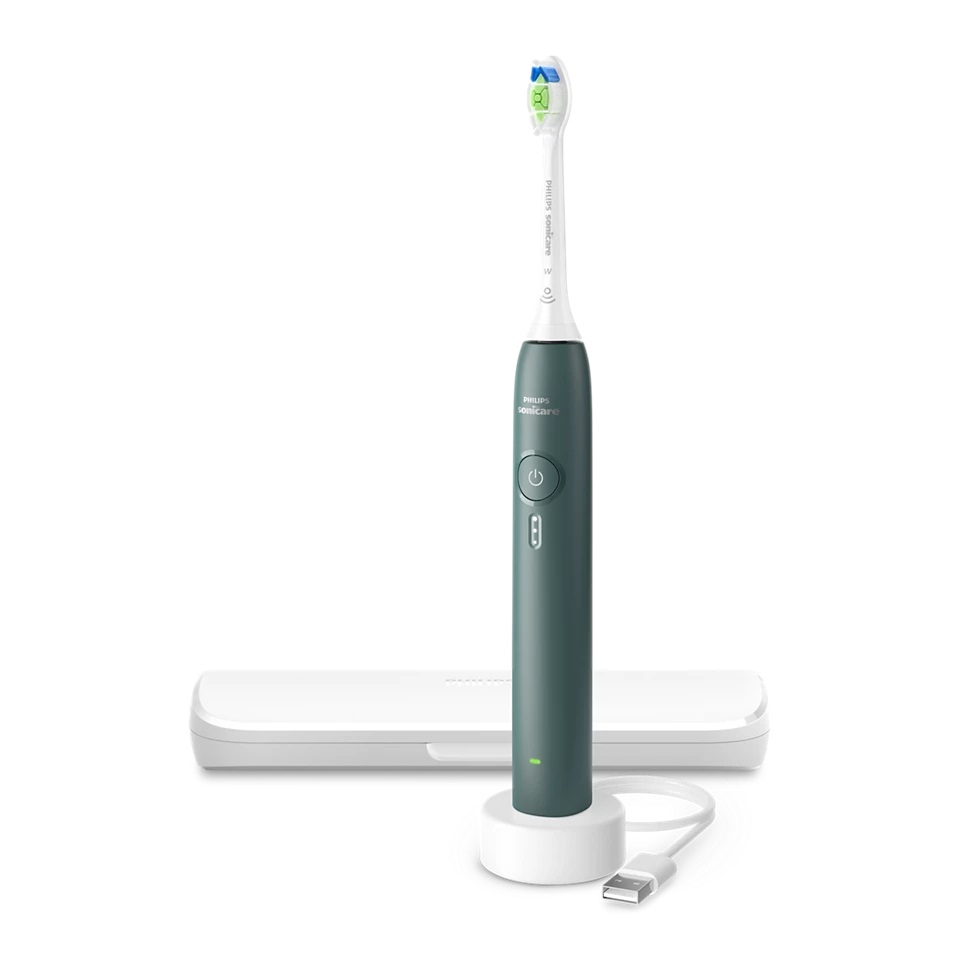Philips Sonicare Serie 3000 - Spazzolino elettrico sonico con sensore di pressione, 3 intensità, EasyStart, SmarTimer, autonomia 14 giorni, custodia, verde bosco